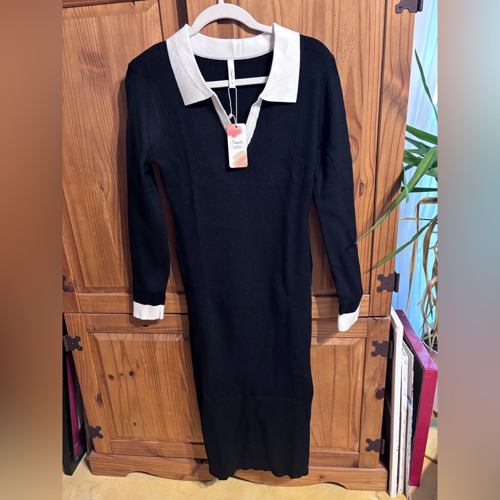 Black Stretch Ribbed Knit Polo Collar Dress with White Trim, XL (fits slim)
